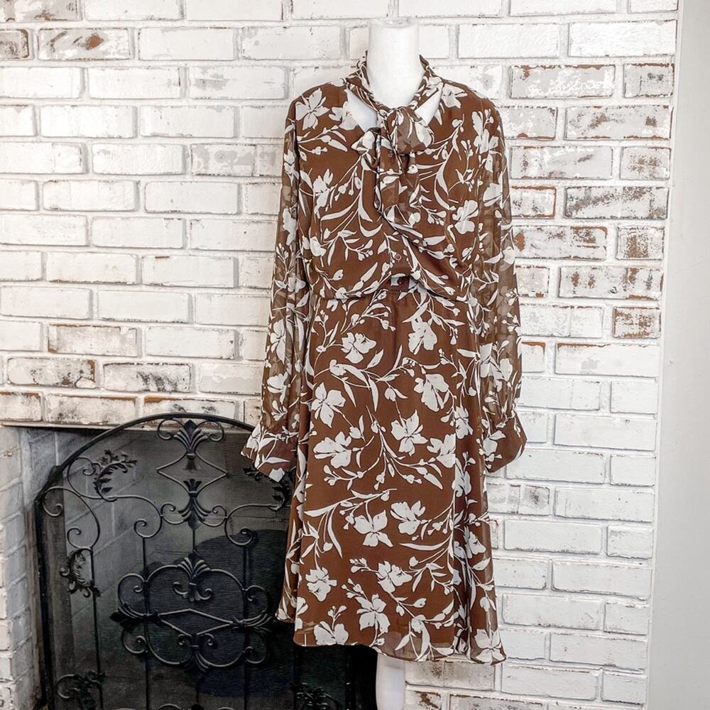 Lane Bryant Tie Neck Bow Brown and Off White Floral Sheer Midi Dress 22